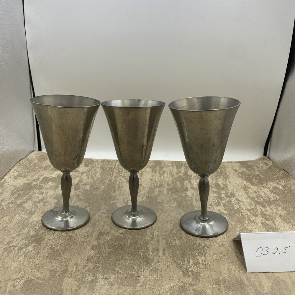 Vintage Set Of 3 Plymouth Pewter 8 Ounce Goblets 6.5" Tall